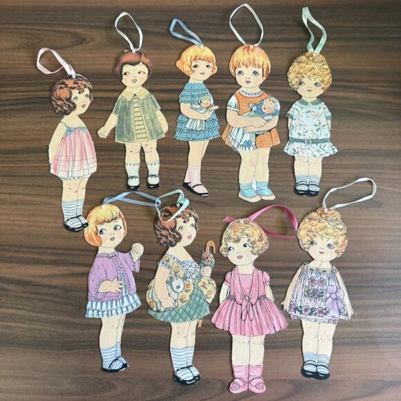 Antique 1920s Paper Fabric Doll Cut Outs Christmas Ornaments With Ribbons - Picture 1 of 10